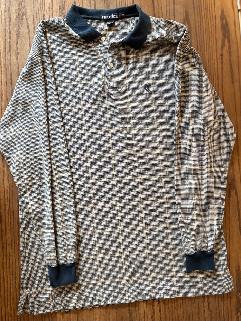 Nautica Men's Long Sleeve Plaid Polo Sweater - Navy/Beige - XL